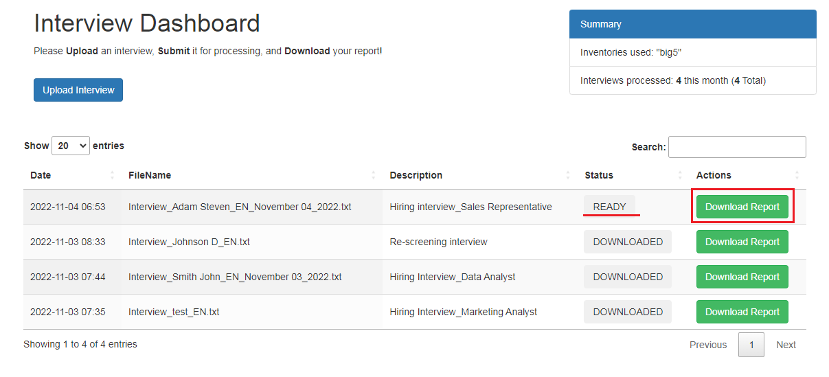 Sentino Interview Dashboard - Download Report