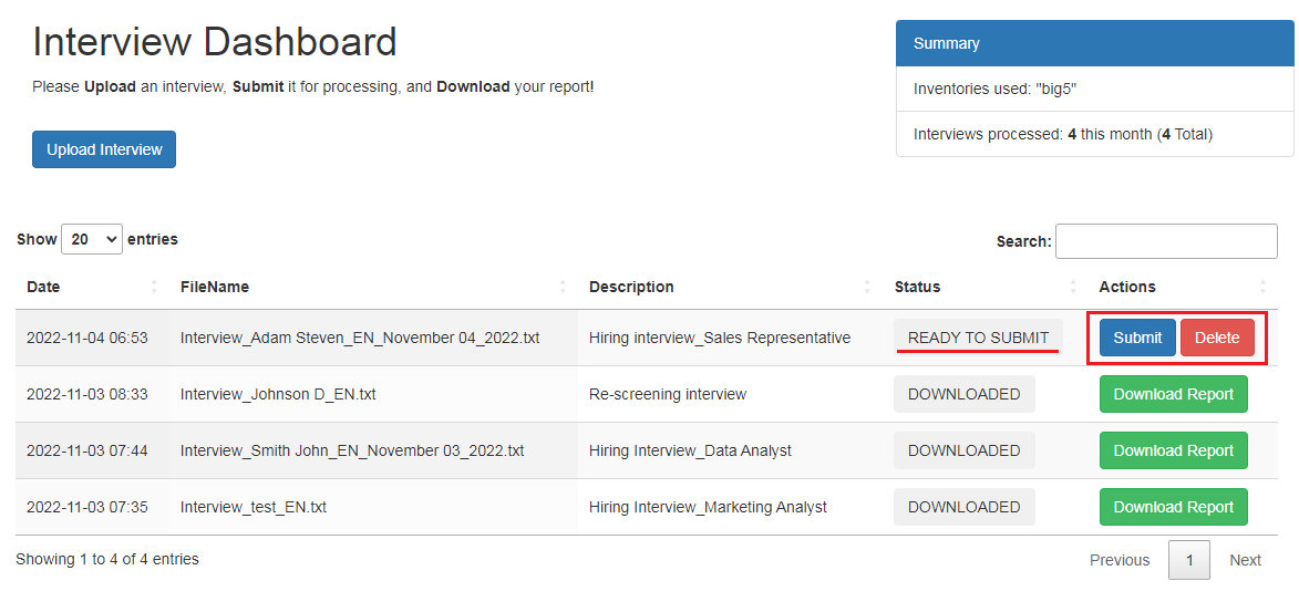 Sentino Interview Dashboard - submition and deletion