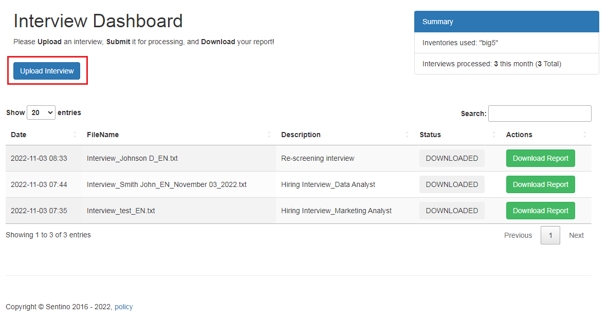 Sentino Interview Dashboard - Uploading