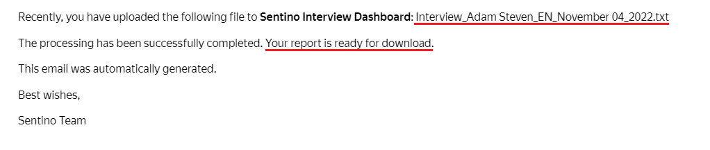 E-mail notification from Sentino Interview Dashboard