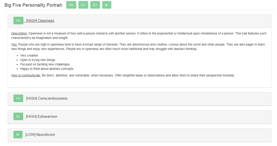 BIG 5 Personality Profile by Sentino - Text description