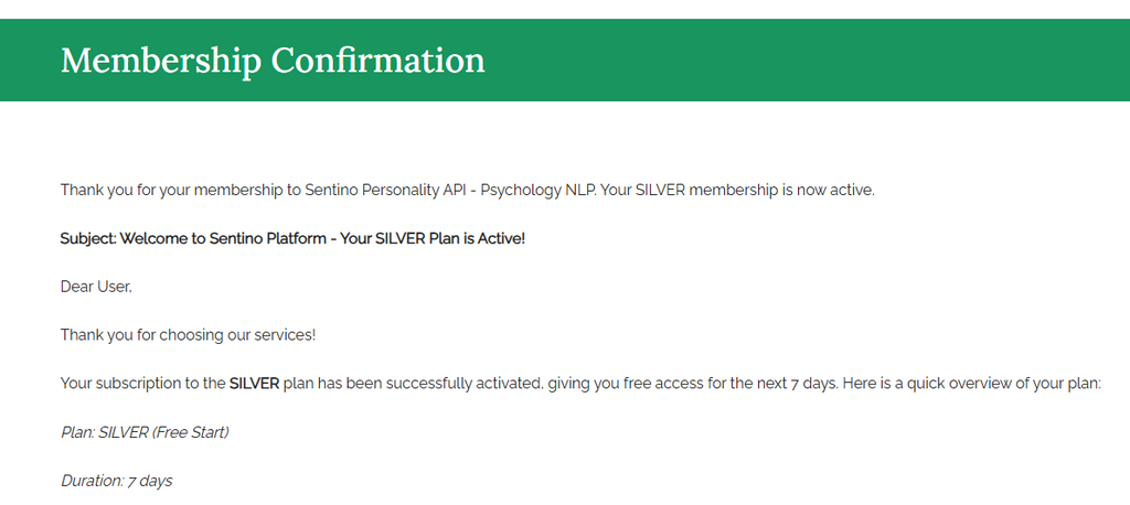 Sentino membership Confirmation